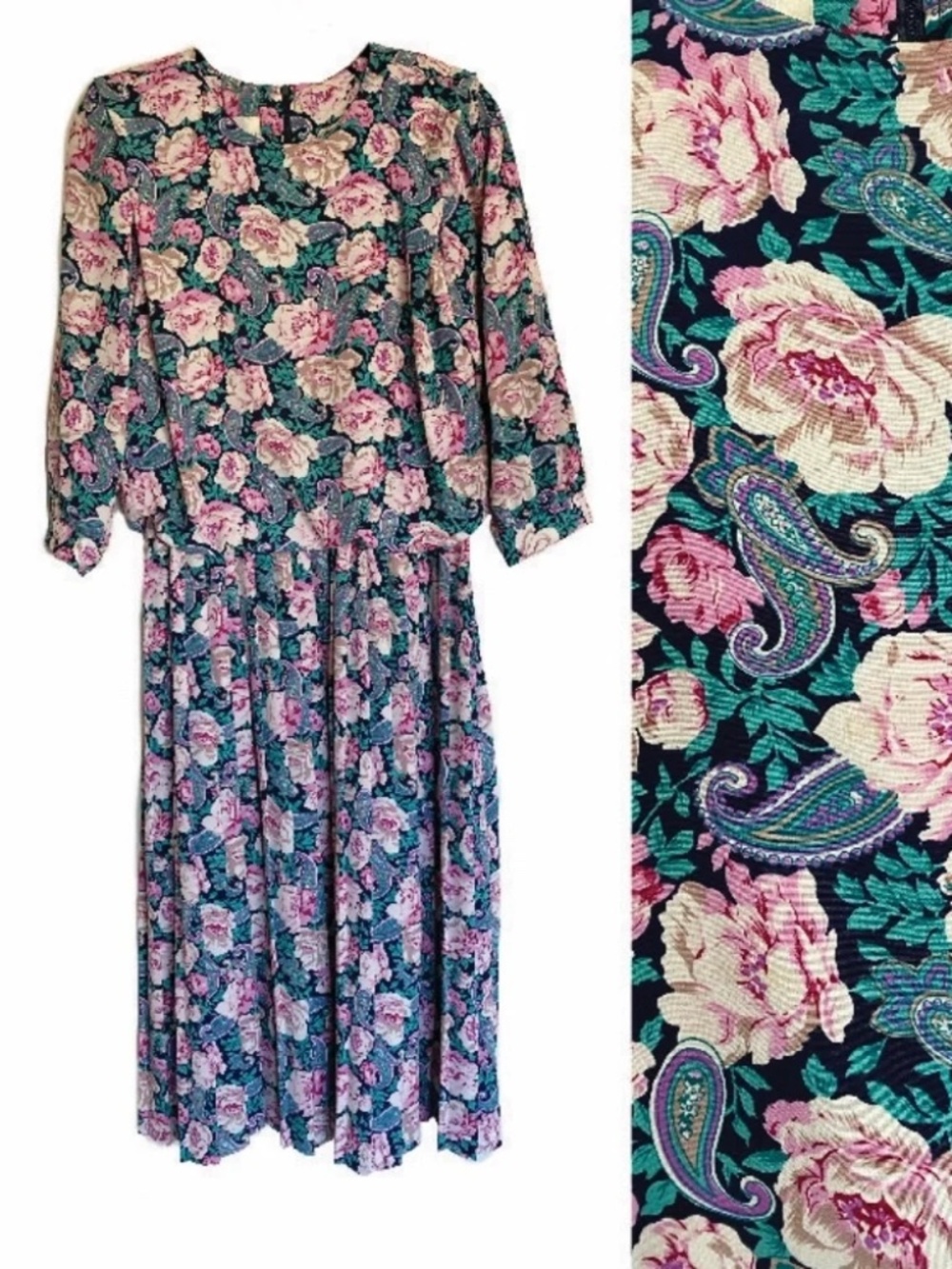 R.E.O. Originals Vintage Floral Paisley Pleated Midi Dress USA Size 8 80s 90s